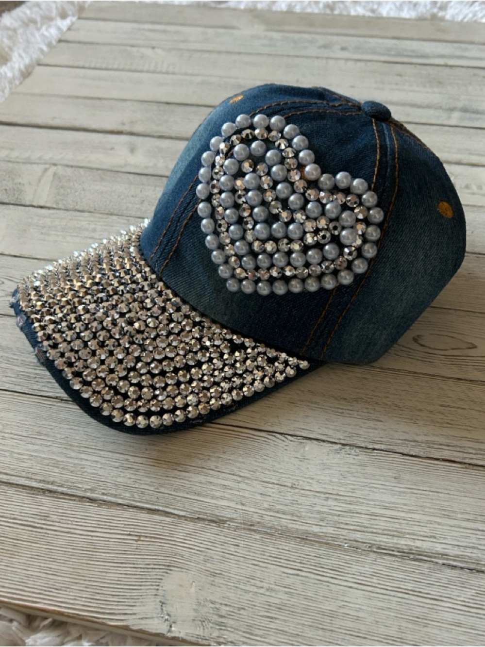Denim Baseball Cap with Crystal Heart and Bling Visor - Picture 2 of 4